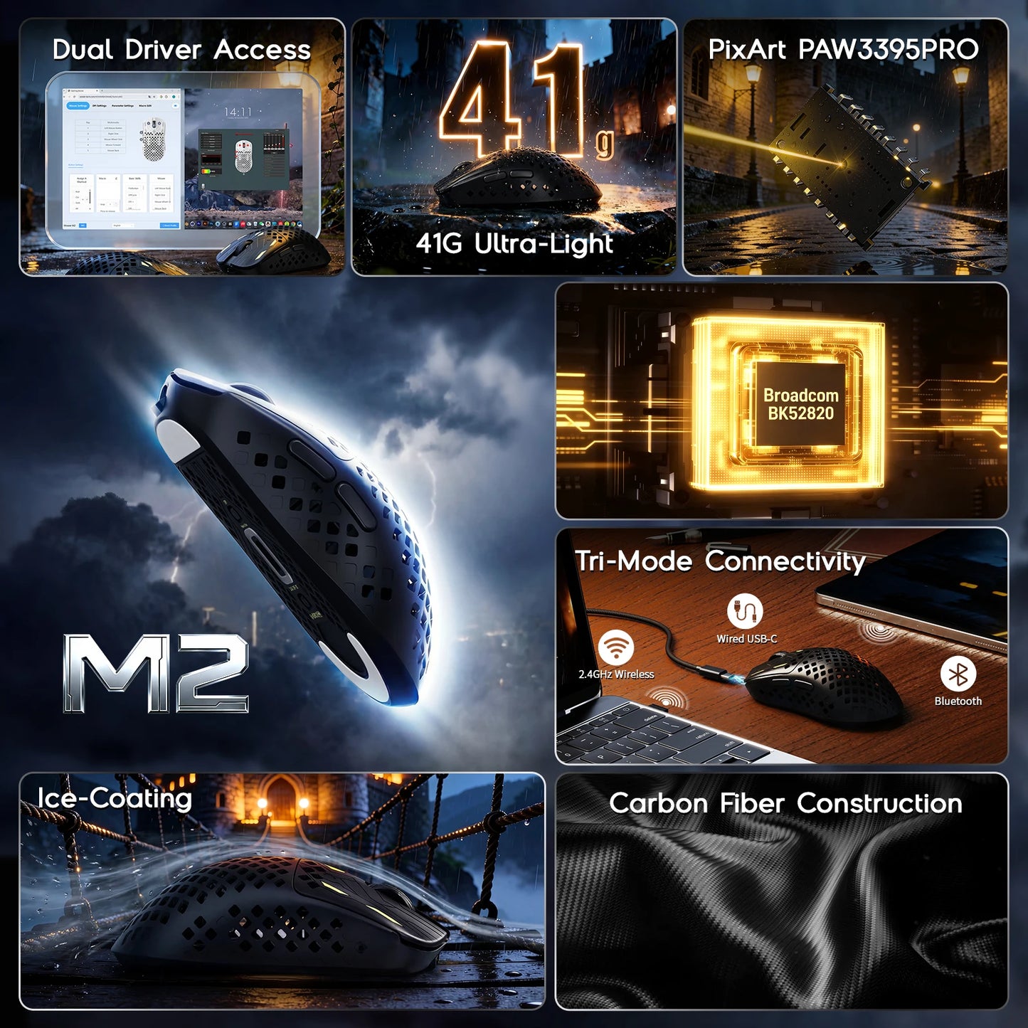 Mouse gaming wireless ultra-ușor MAMBASNAKE M2, senzor PAW3395PRO 40000 DPI, fibră de carbon 41g, tri-mod