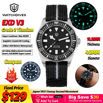Watchdives EXD 40Mm Titanium Dive Watch Men's VH31 Sweep Quartz Watches 200 Waterproof AR Sapphire BGW9 Luminous 316L Wristwatch