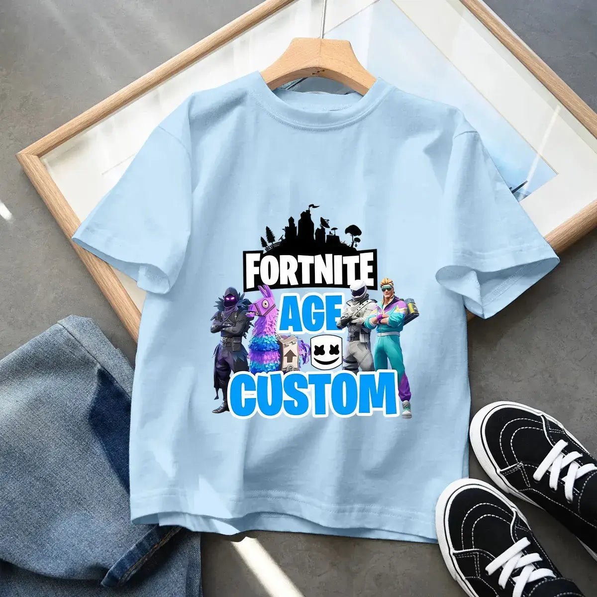 Camiseta azul de algodón para niños Fortress Night, manga corta, diseño kawaii de dibujos animados para niño y niña, ropa de verano, regalo