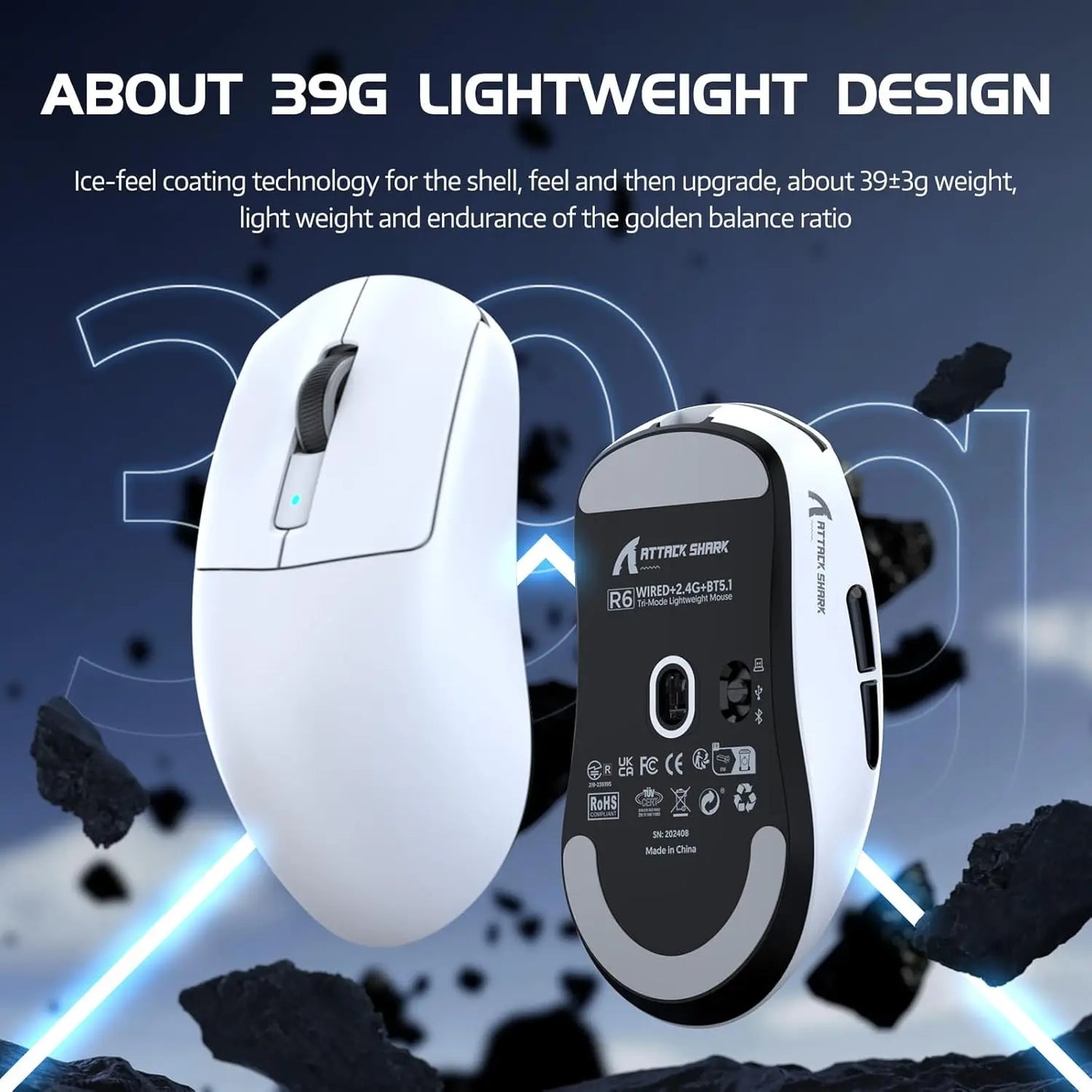 Mouse gaming wireless leggero Attack Shark R6, mouse per computer con sensore PAW 3950Max e Nordic 52480, polling 8KHz