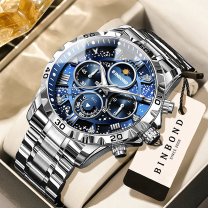 Montres à quartz de marque originale BINBOND pour hommes, montre chronographe de luxe lumineuse en acier inoxydable pour hommes, montre élégante pour hommes
