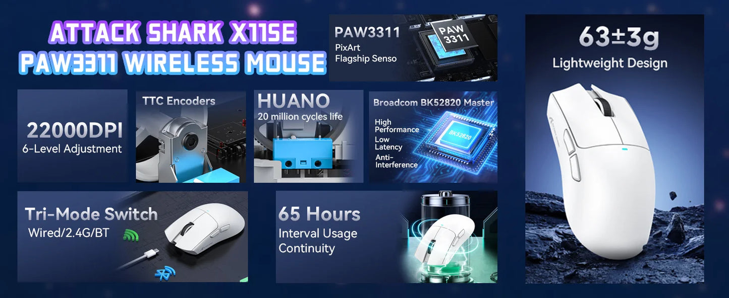 ATTACK SHARK X11SE Wireless Gaming Mouse Tri-Mode, 63g Superlight Gaming Mouse with PAW3311 Sensor, 22000 DPI, Bluetooth 5.2, 2.4G Wireless & Wired RGB Gaming Mouse