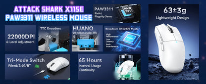 ATTACK SHARK X11SE Wireless Gaming Mouse Tri-Mode, 63g Superlight Gaming Mouse with PAW3311 Sensor, 22000 DPI, Bluetooth 5.2, 2.4G Wireless & Wired RGB Gaming Mouse
