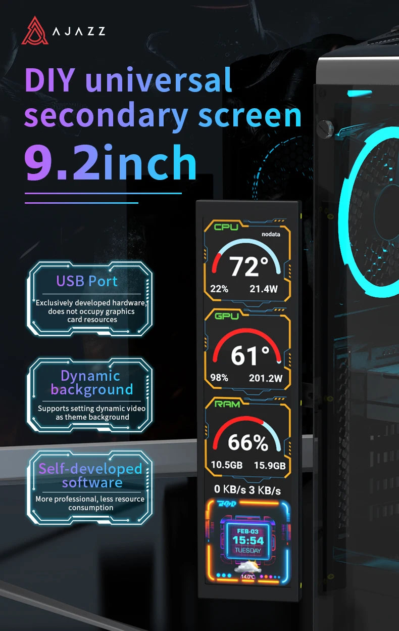 Ajazz AKP02 Aluminum Alloy 9.2-Inch DIY Universal Secondary Screen With Various Customizable Designs Suitable For Windows 7