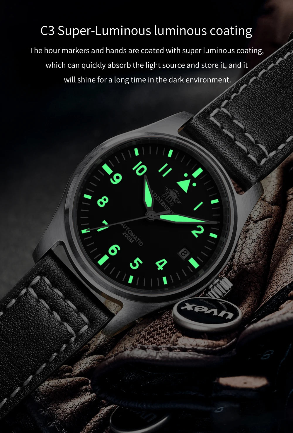 ADDIESDIVE Watches For Men C3 Super Luminous 200m Waterproof Japan 8215 316L Stainless Automatic Mechanical Watch