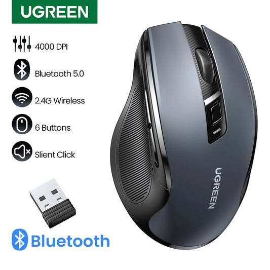 Brezžična miška UGREEN Bluetooth 5.0, ergonomska miška 4000DPI s 6 tihimi gumbi, za MacBook, tablične računalnike, prenosnike, računalnike PC, 2.4G miška