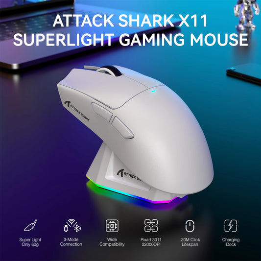 ATTACK SHARK X11 Lightweight Wireless Gaming Mouse, 22K DPI RGB Gaming Mouse with PAW3311 Optical Sensor, Tri-Mode Rechargeable Gaming Mouse