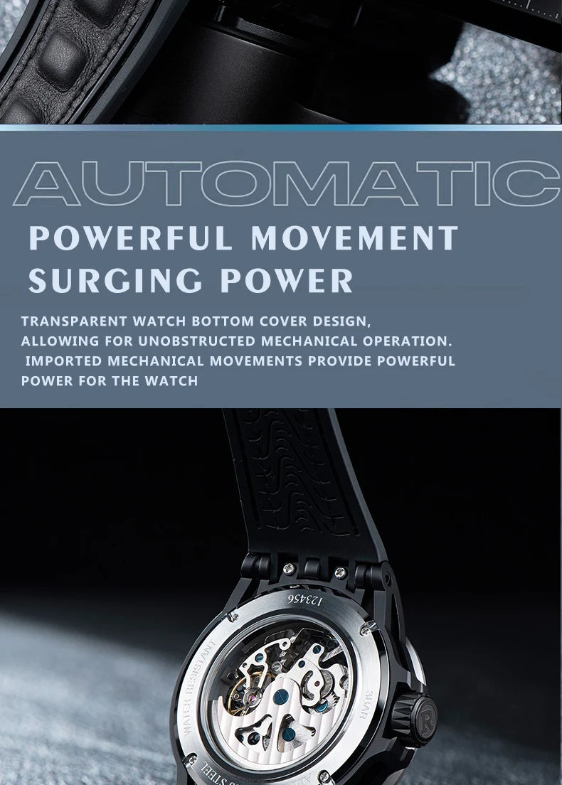 OBLVLO Mens Luxury Machinery Skeleton Dial Mechanical Automatic Watch Analog White Rubber Band Military Watch RD-901