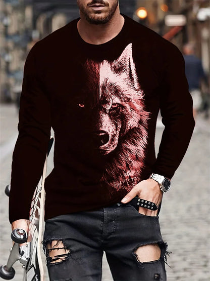 2024 Neues Herren-Langarmshirt mit Wolf-Print – lässiges Herren-Shirt für Frühling und Herbst, Street-Fashion-Langarmshirt