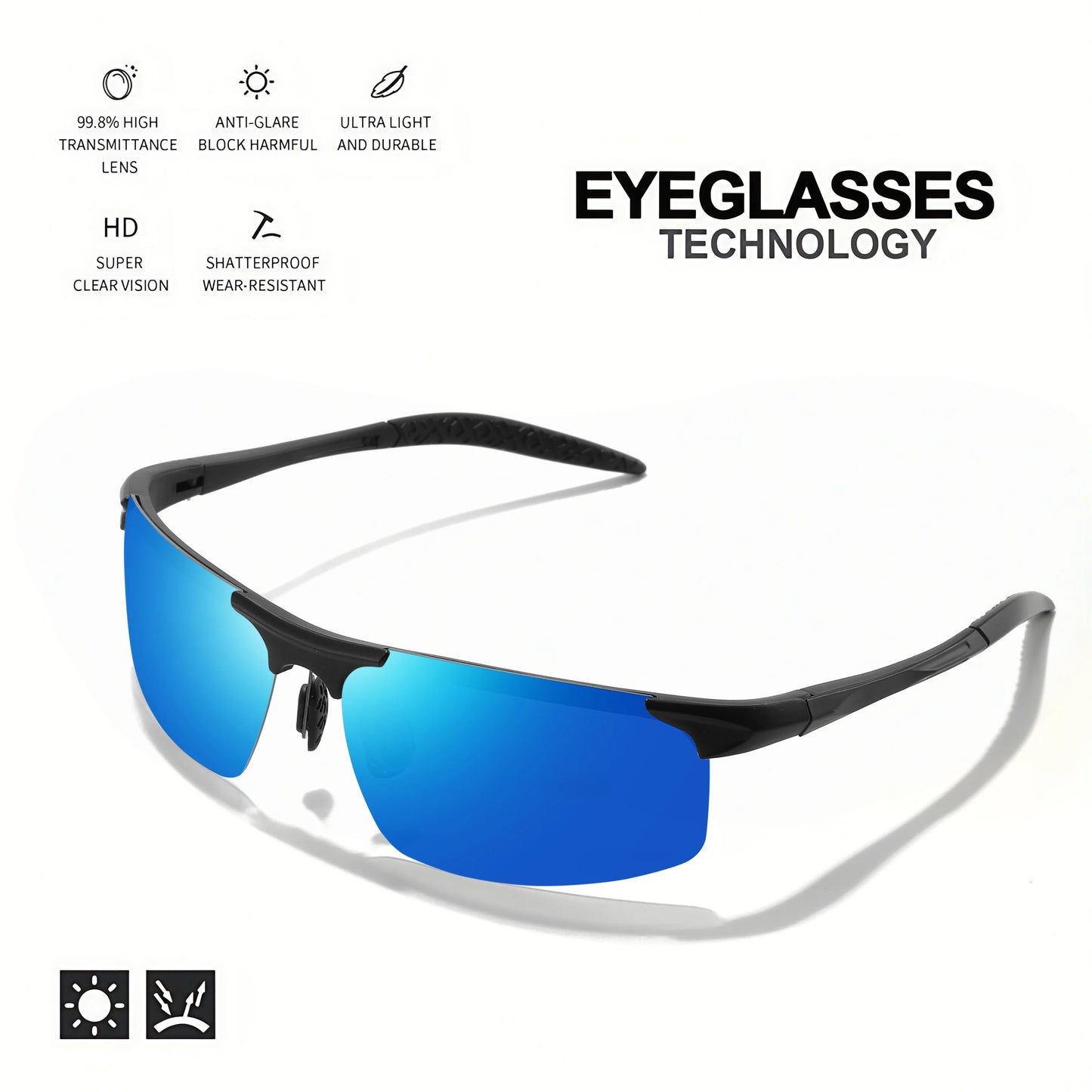 Classic Retro Semi-Rimless Square Polarized Sunglasses - Lightweight PC Frame & Spring Hinges, UV400 Unisex for Driving, Fishing