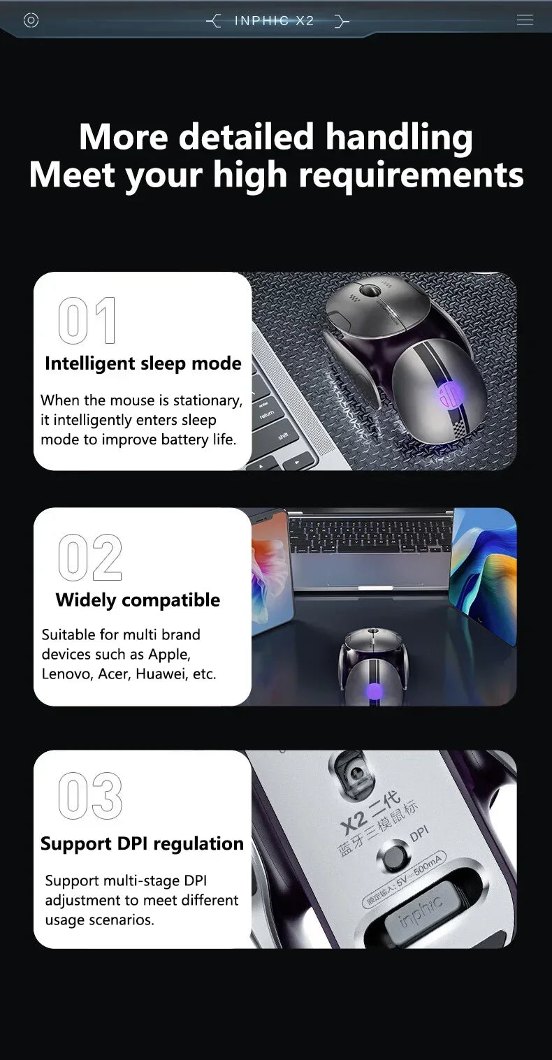 Ratón inalámbrico Bluetooth Inphic X2 trimodo de metal, silencioso, recargable, con retroiluminación e-sports, para gaming, PC y portátiles, accesorio de regalo