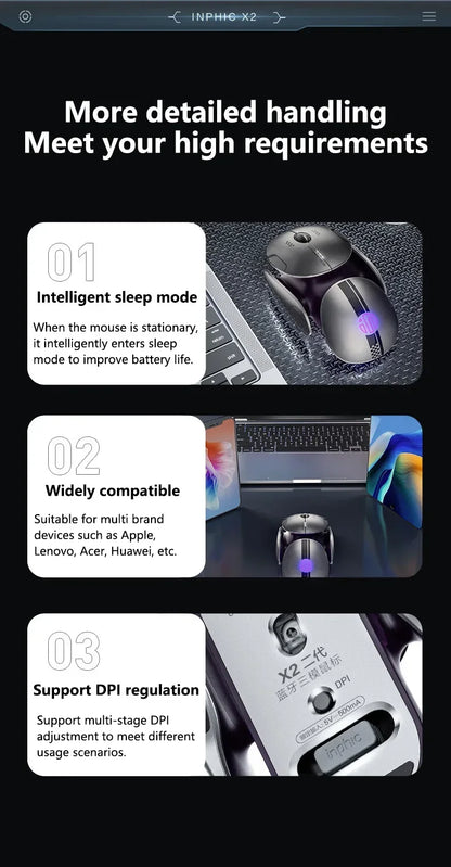 Ratón inalámbrico Bluetooth Inphic X2 trimodo de metal, silencioso, recargable, con retroiluminación e-sports, para gaming, PC y portátiles, accesorio de regalo