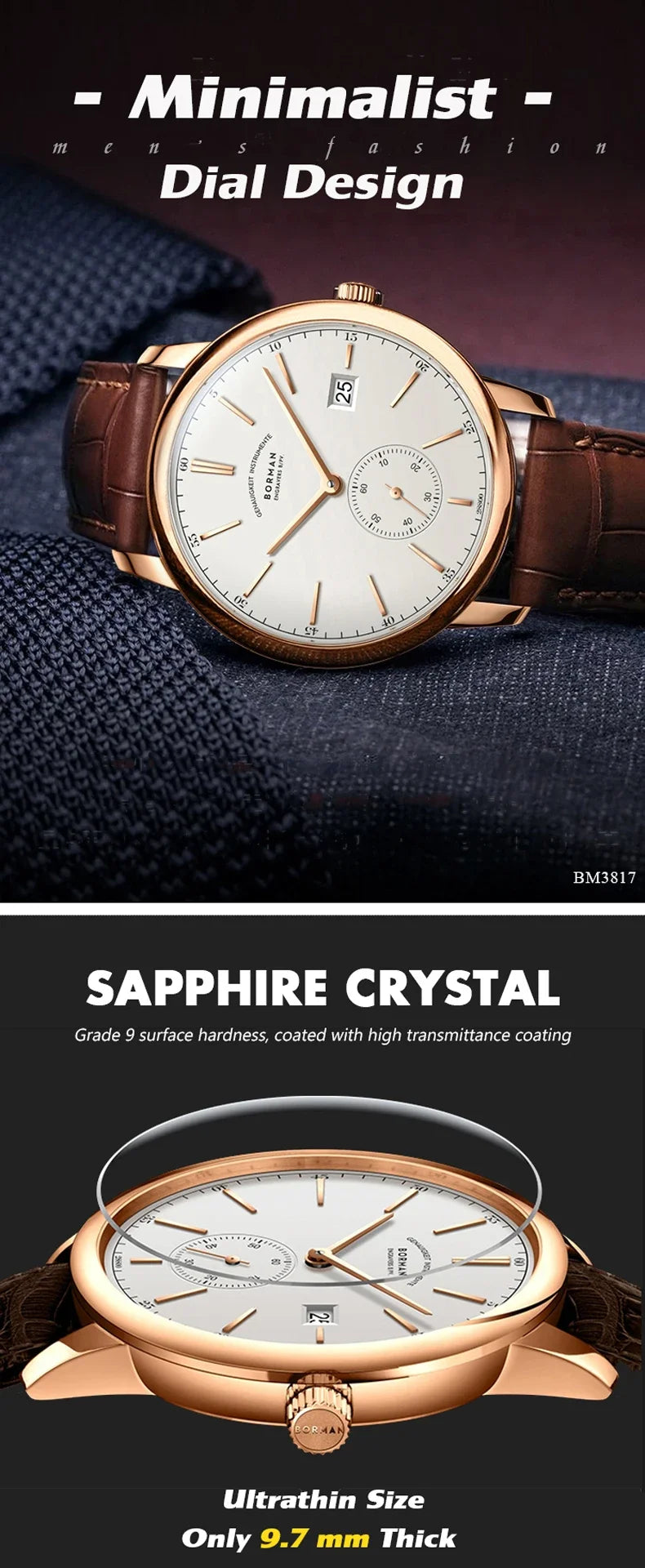 Reloj BORMAN BM3817 TOP nuevo de 42 mm, reloj de lujo para hombre, automático mecánico, cristal de zafiro, ultrafino, impermeable 50M, con subesfera