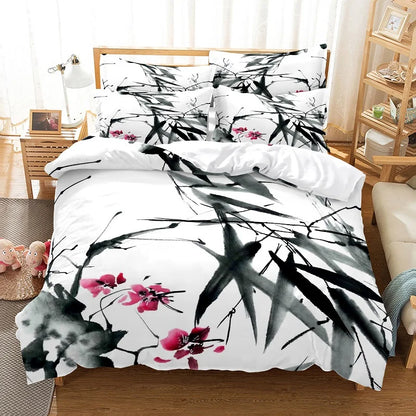 Conjunto de capa de edredão com pintura de bambu, conjunto de roupa de cama em estilo chinês, linho juvenil, tamanho Queen, conjunto de capa de edredão, conjunto de roupa de cama moderno