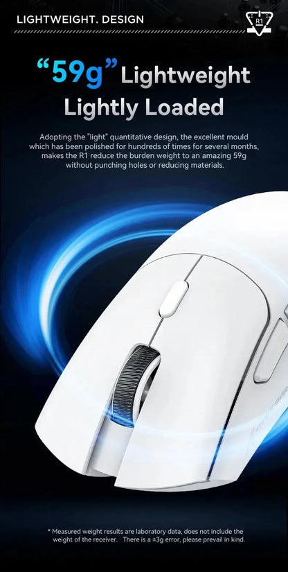 Rato ultraleve ATTACK SHARK R1 59g com PAW3311, 18000DPI, 400IPS, 40G, 1000Hz, Tri-Mode, controlador Broadcom BK3633, 20 milhões de cliques