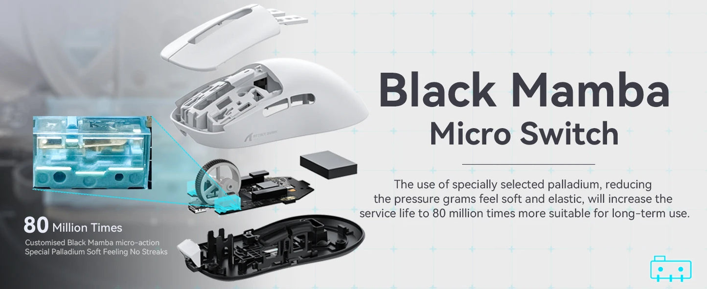 Ratón gaming inalámbrico ATTACK SHARK X3, ratón ergonómico para PC de 49g, tres modos, sensor óptico PAW3395 de 26K DPI, botones programables