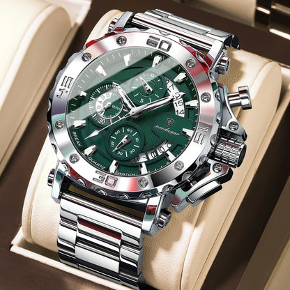 POEDAGAR Herren-Luxusuhr, leuchtend, wasserdicht, Chronograph, Datumsanzeige, Edelstahl, Quarz, Reloj