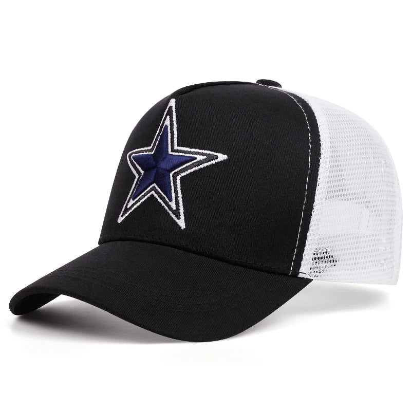 Simbolo semplice: stella a cinque punte. Ricamo. Cappellino da baseball da esterno. Traspirabilità estiva. Cappellino hip hop in rete. Cappellino da camionista.