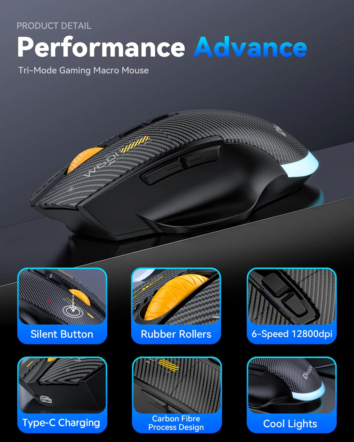 Mouse da gaming wireless Bluetooth, 12800 DPI, mouse RGB cablato/wireless con 7 pulsanti programmabili, per PC, laptop e gaming
