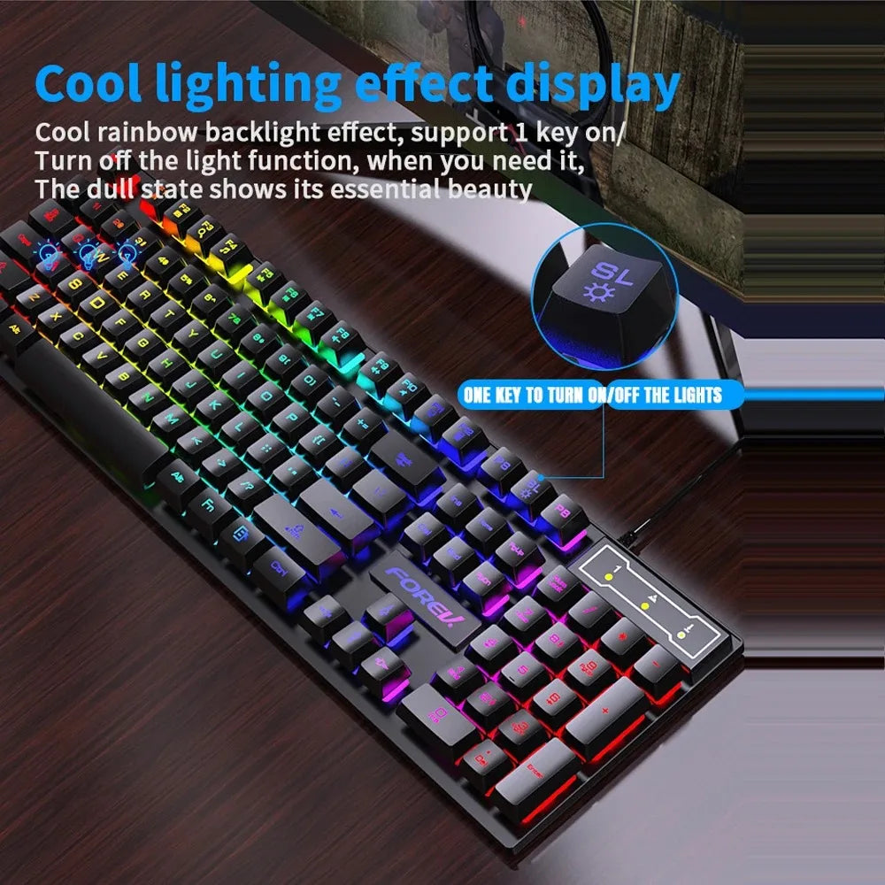 Teclado Gaming com Fio de 104 Teclas com Sensação Mecânica para Portátil e PC, Ergonómico, Retroiluminado RGB, 61 Teclas, Switches Cyan e Keycaps