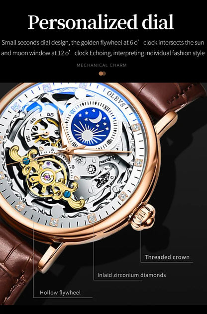 OLEVS Skeleton Watches Mechanical Automatic Watch Men Tourbillon Sport Clock Casual Business Moon Wrist Watch Relojes Hombre