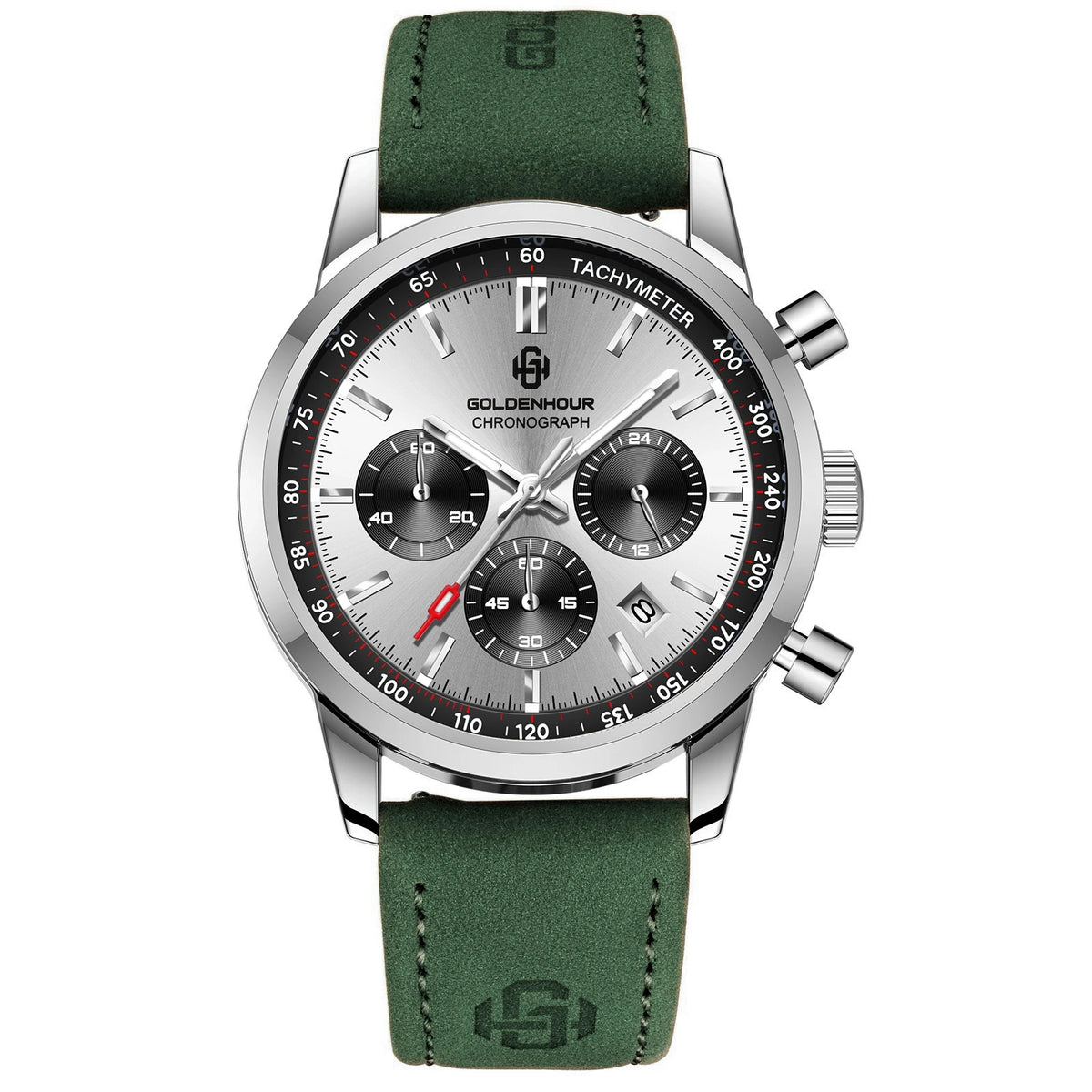 GOLDENHOUR luxury men’s watch – Quartz chronograph, green dial, leather strap, water-resistant, luminescent, military and sporty style