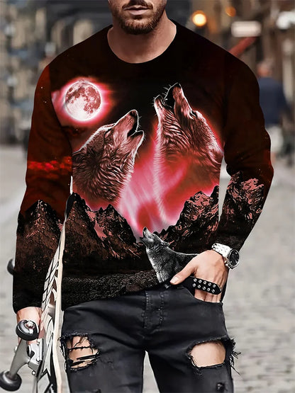 2024 Neues Herren-Langarmshirt mit Wolf-Print – lässiges Herren-Shirt für Frühling und Herbst, Street-Fashion-Langarmshirt