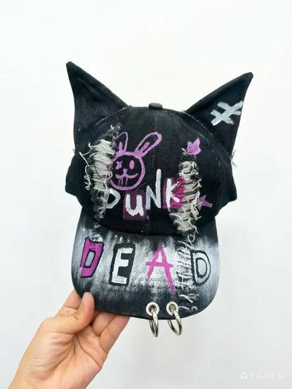 Celebrity-Inspired Niche Rabbit Ear Denim Ripped Baseball Cap Washed Graffiti Hip-Hop Sun Hat Trendy Cap