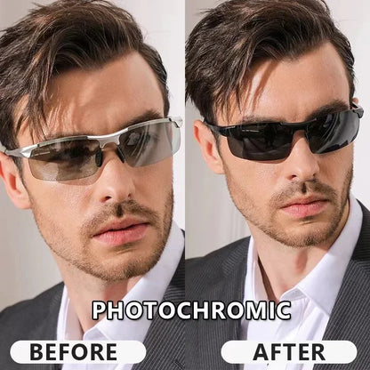 CLLOIO Aluminum Rimless Photochromic Sunglasses Men Polarized Driving Chameleon Anti-Glare Glasses Travel Fishing Goggle UV400