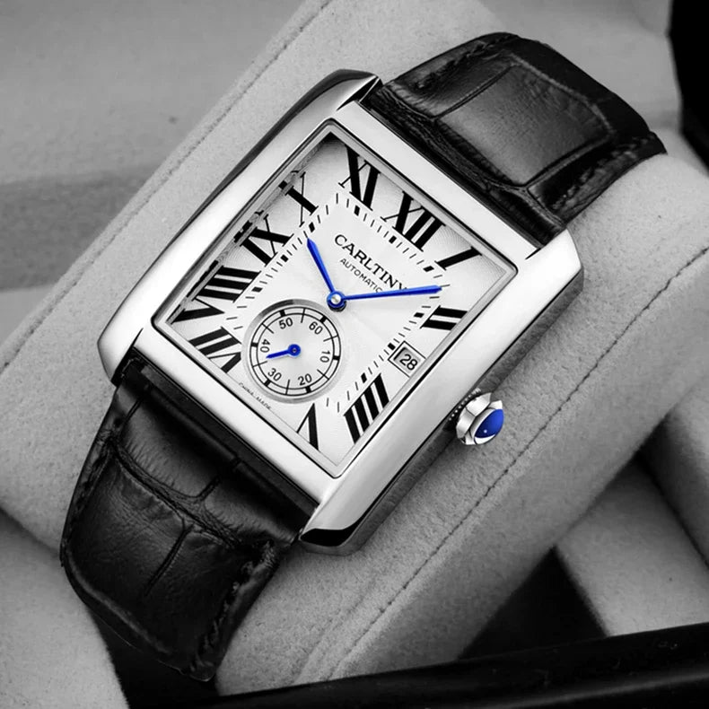 Luxusní automatické pánské hodinky – mechanické náramkové hodinky, elegantní model renomované značky, čtvercové pouzdro z nerezové oceli, vodotěsné – CARLTINY
