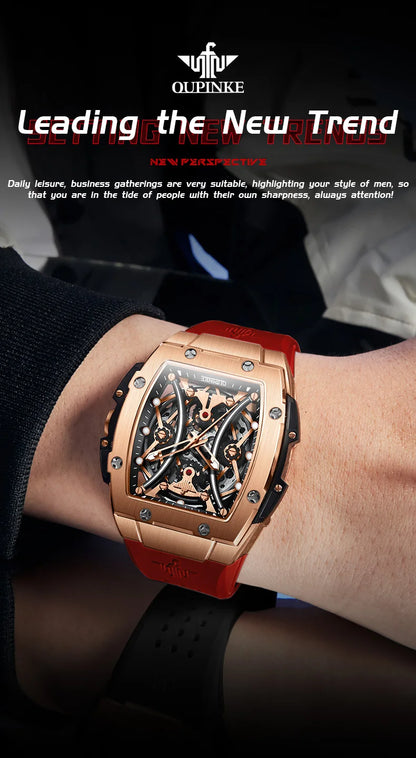 Reloj OUPINKE para hombre, clásico de lujo, esfera tonneau, marca premium original, movimiento mecánico automático, correa de silicona, cristal de zafiro, nuevo