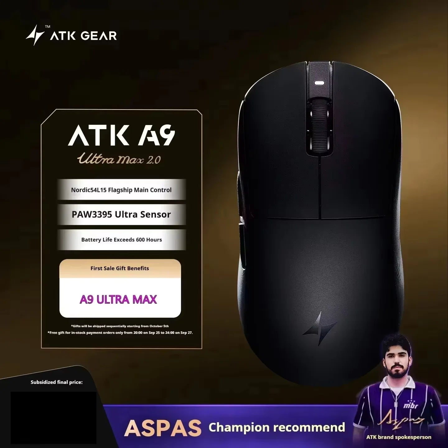 Mouse gaming wireless ATK A9 con tecnologia NearLink, ergonomico, PAW3395, tri-mode Bluetooth a bassa latenza, mouse esports per PC