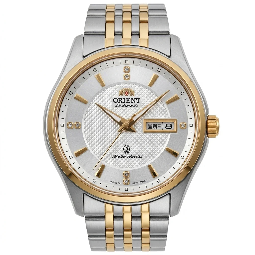 Mechanische Automatikuhr für Herren von Orient mit Doppelkalender (Datum und Wochentag), Kristallindexen und Edelstahlarmband – Armbanduhr im Business-Stil