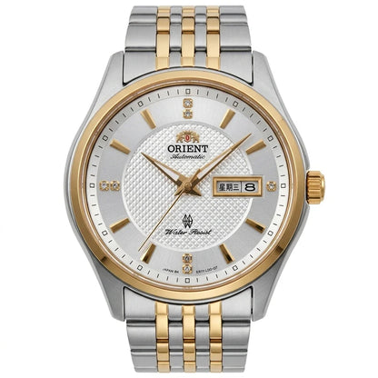 Mechanische Automatikuhr für Herren von Orient mit Doppelkalender (Datum und Wochentag), Kristallindexen und Edelstahlarmband – Armbanduhr im Business-Stil