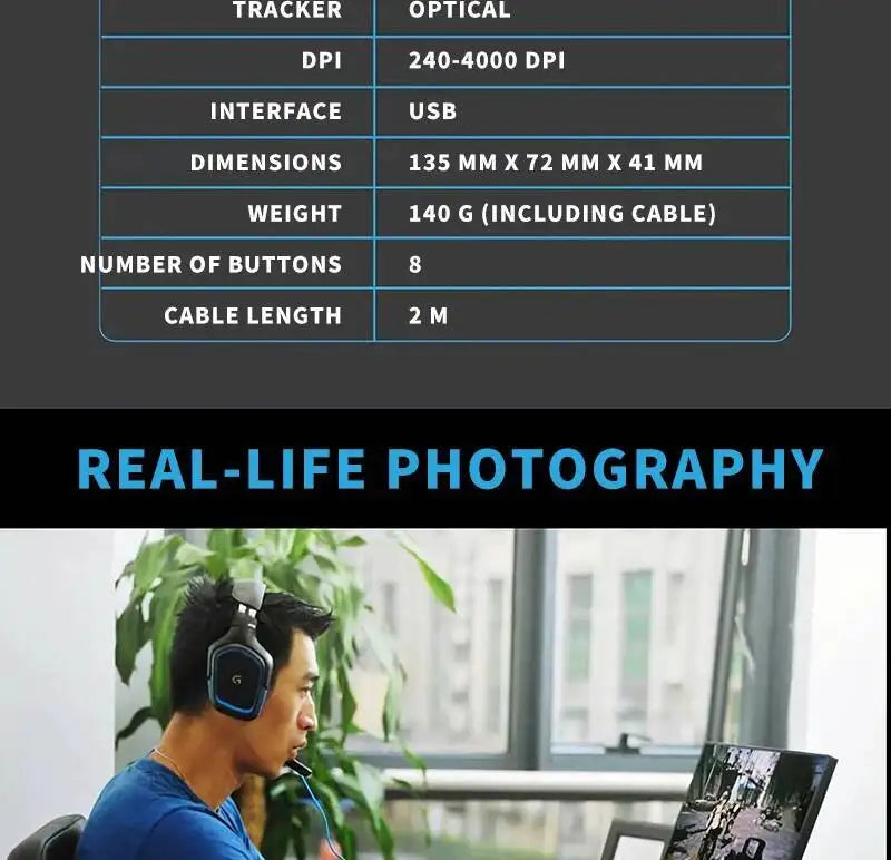 Mouse gaming cablato Logitech G402, processore ARM a 32 bit, 8 pulsanti, 500 IPS, antiscivolo, per sessioni di gioco e lavoro per tutto il giorno
