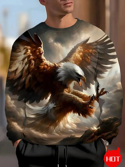 Herren-Sweatshirt mit Adler-Print, langärmelig, Streetwear, 3D-Tierdruck, Hip-Hop-Oberteil für Männer, Plus Size, Rundhals-Pullover
