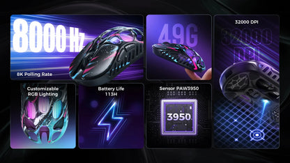 Rato Gaming Sem Fios GravaStar Mercury X Pro Tri-Mode, Recetor 8K, Leve em Liga de Magnésio, Bateria de Longa Duração, RGB