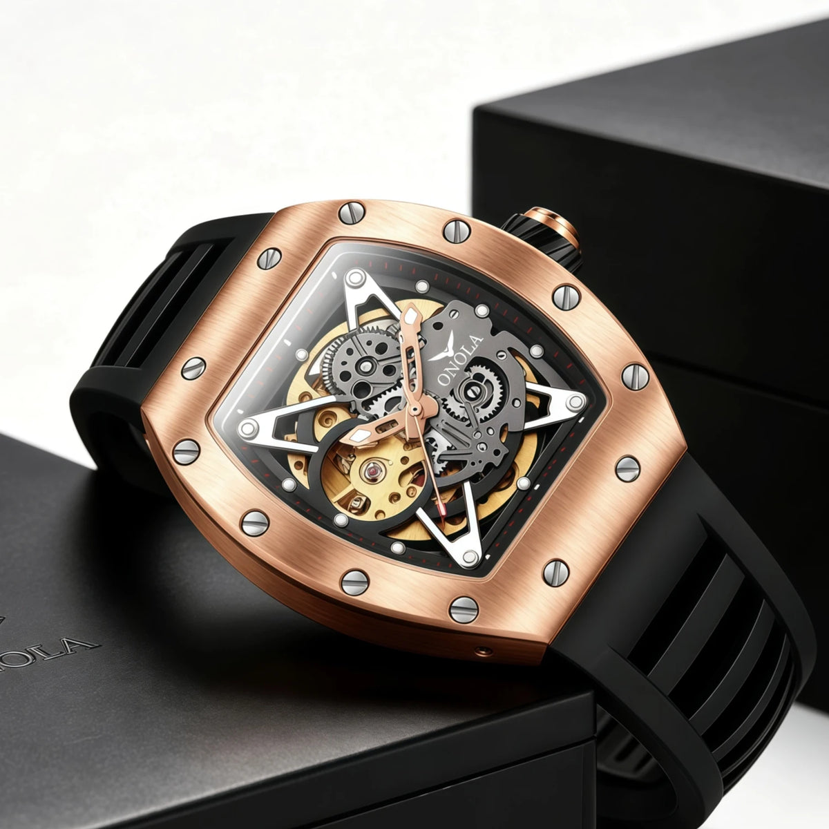 ONOLA Luxury Automatic Watch Men Fashion Hollow Silicone Waterproof Mechanical Watch Men Military Sports Watch Clock