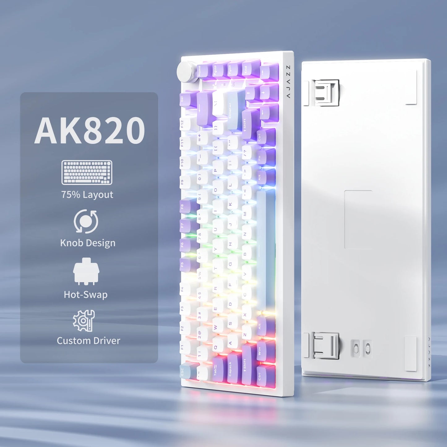 Tastiera meccanica cablata AJAZZ AK820 75%: hot‑swappable, retroilluminazione RGB/bianca/azzurro ghiaccio, controllo con manopola del volume | Per ufficio e gaming