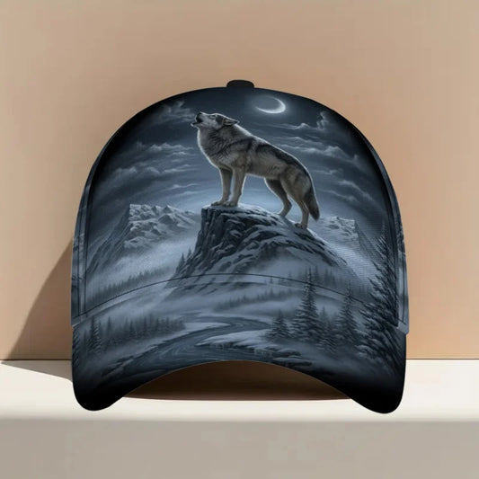 Boné clássico com estampado de lobo a uivar à lua, confortável e ajustável, com pala curva, ideal para uso diário e perfeito para a família