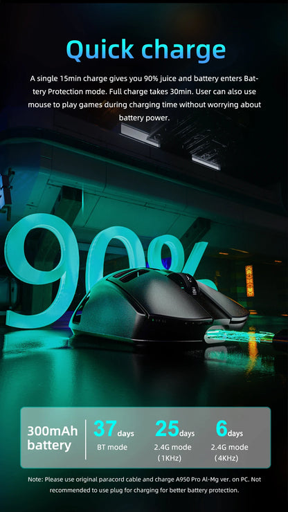 Mouse da gaming wireless DAREU Al-mg Tri-mode 8Khz PBT con ricarica rapida, PAW3950, 30000 DPI, leggero, per PC gamer