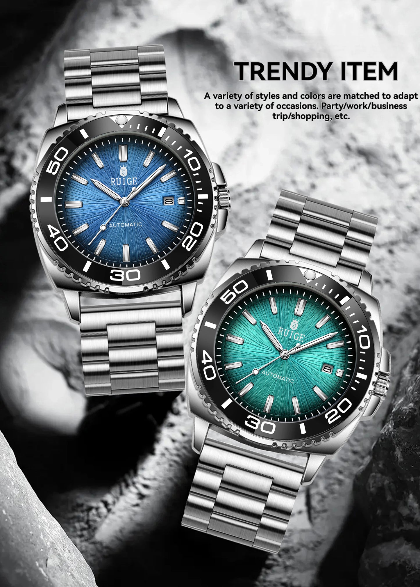 RUIGE Fashion Men's Fully Automatic Mechanical Watch Stainless Steel Calendar Men's Night Light Waterproof Versatile Watch