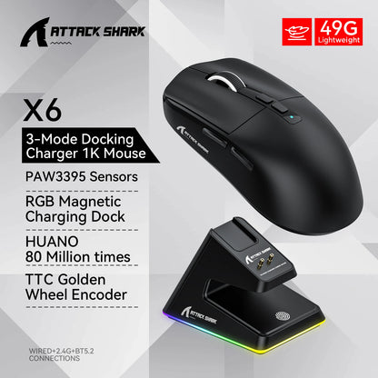 ATTACK SHARK X6 Tri-Mode Gaming Mouse with Magnetic Charging Dock, 26K DPI PixArt PAW3395 Sensor, 49g Ultralight Wireless Gaming Mouse for PC, Mac & Xbox