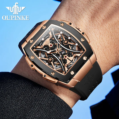 Reloj OUPINKE para hombre, clásico de lujo, esfera tonneau, marca premium original, movimiento mecánico automático, correa de silicona, cristal de zafiro, nuevo