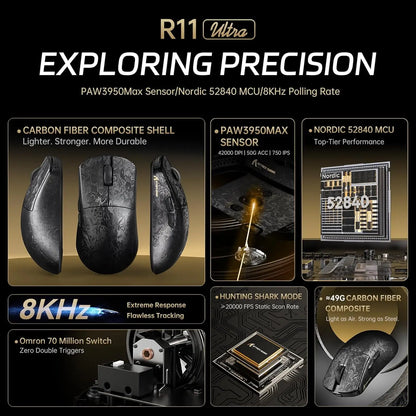 Ratón gaming inalámbrico ATTACK SHARK R11 ULTRA de fibra de carbono 49g 8000Hz, 42000 DPI, 20000 FPS, PAW3950MAX, chip Nordic 52840