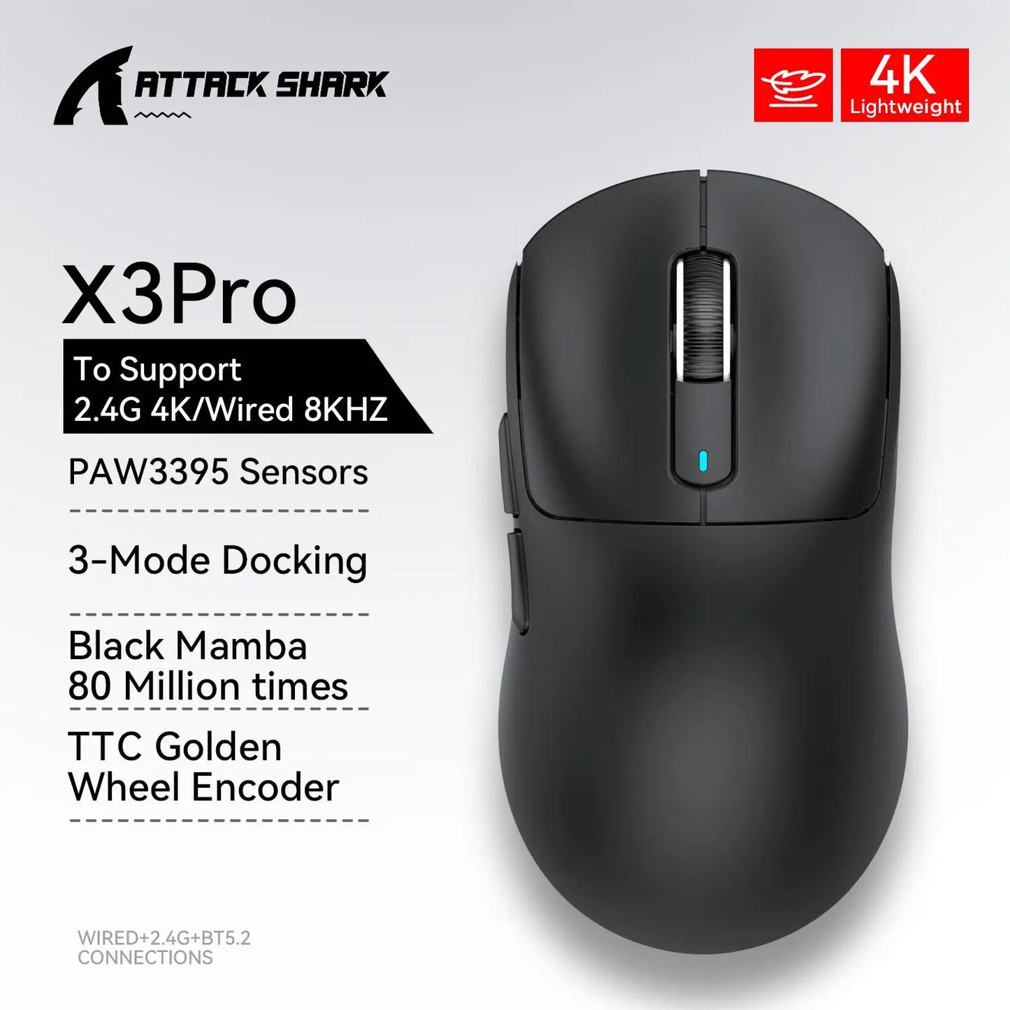 Bezdrátová herní myš X3 ATTACK SHARK v červené barvě, 4K návratnost, Bluetooth tri-mode připojení, PAW3395, makro Bluetooth herní myš