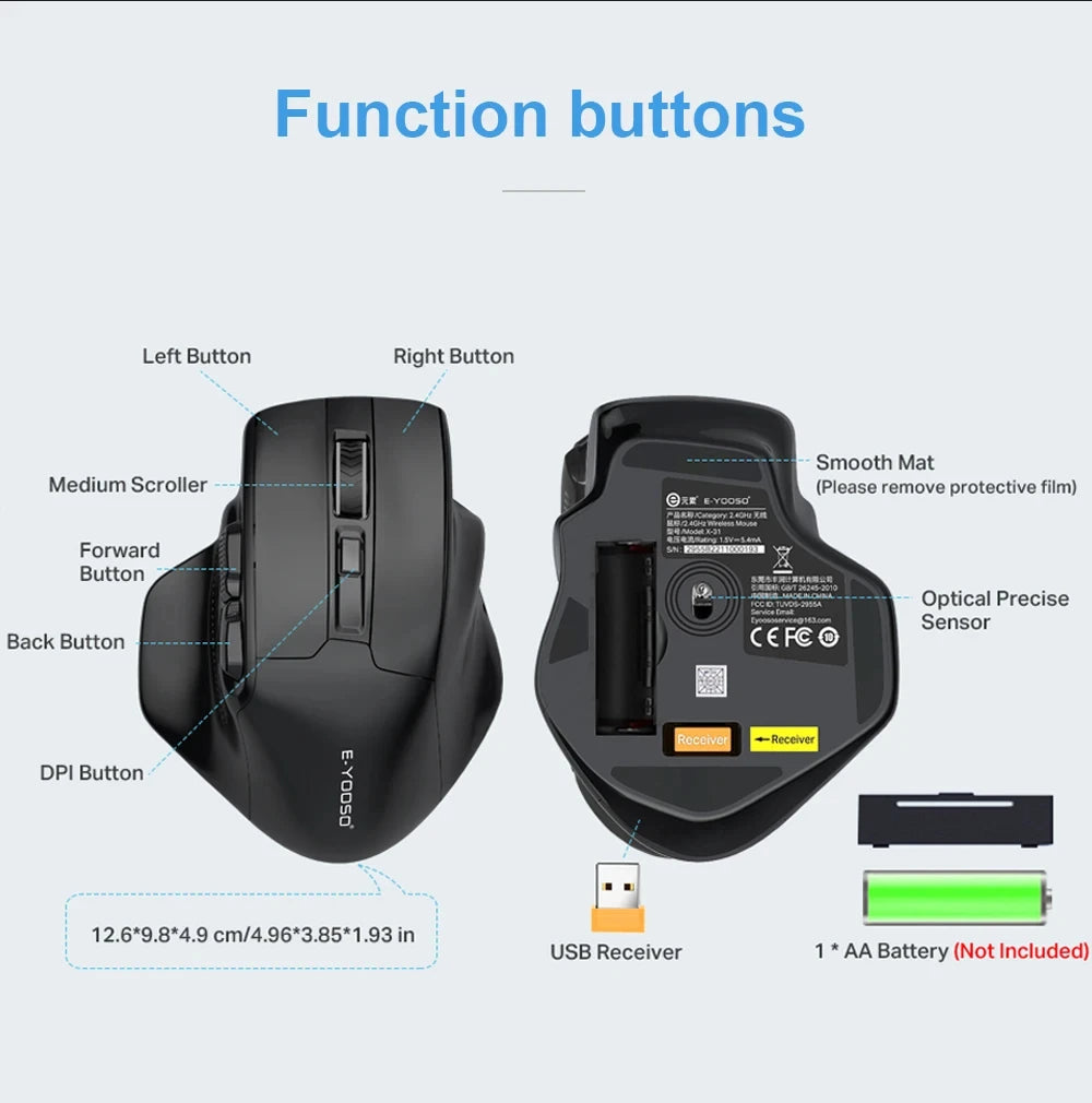 E-YOOSO 2.4G vezeték nélküli egér PAW3212 4800 DPI ergonomikus egér, gamer egér, irodai egér notebookhoz, PC-hez, laptophoz és MacBookhoz