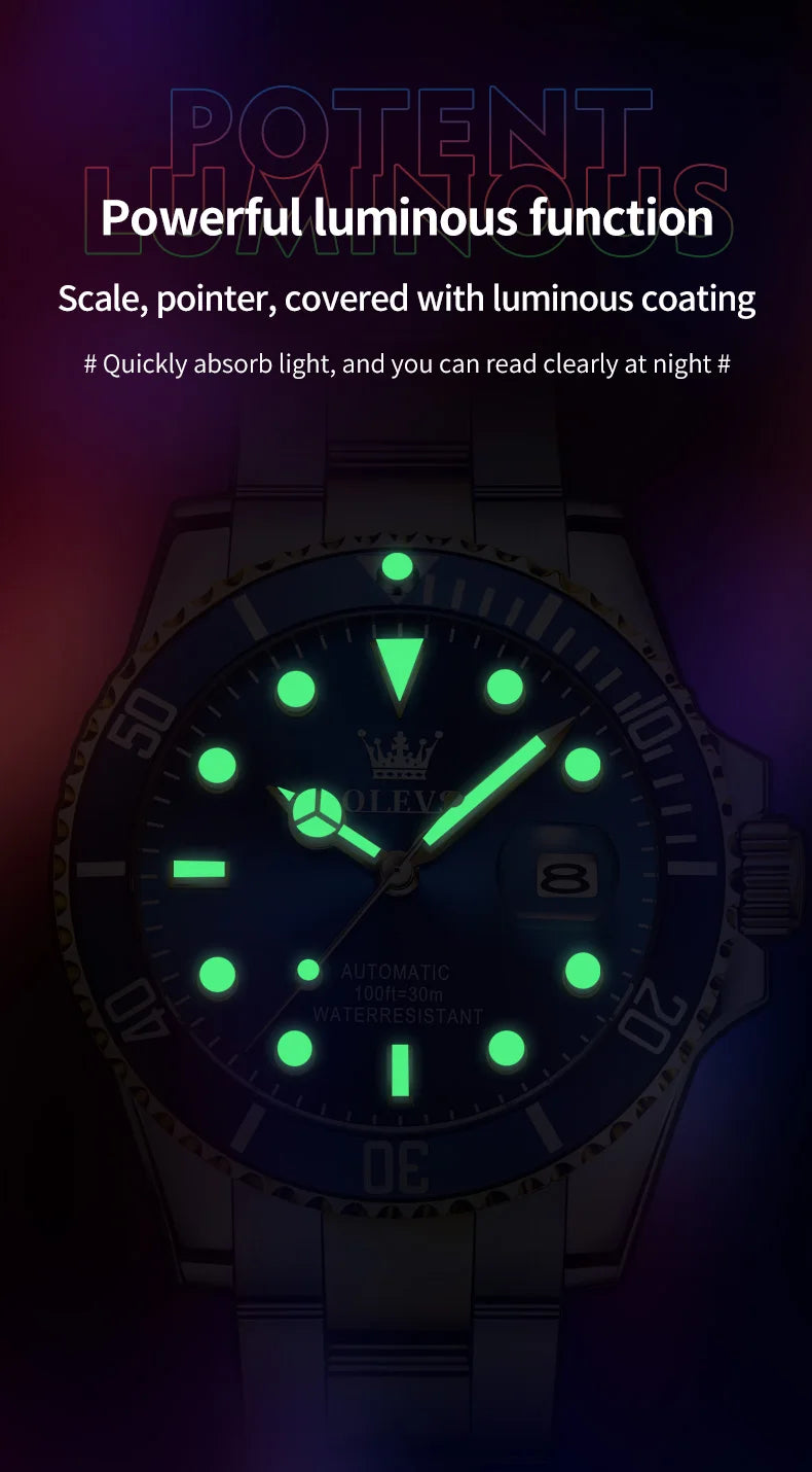 OLEVS 6650 Men Watch Classic Original Automatic Mechanical Watch For Man Zircon Scale Waterproof Luminous Stainless Steel Watch