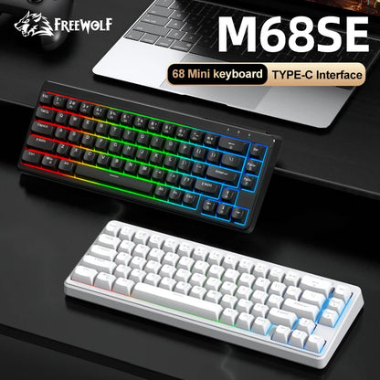FREEWOLF M68SE tastiera mini cablata a 68 tasti, retroilluminazione RGB, Type-C, layout 68%, compatta, per gaming, ufficio, PC e laptop