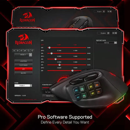 Redragon M811 Aatrox MMO žaidimų pelė, 15 programuojamų mygtukų, laidinė RGB žaidėjų pelė su ergonomiška natūralaus suėmimo konstrukcija